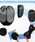 Pop Up Laundry Hamper 70L Collapsible Mesh Bin with side pocket and reinforced handles showing folding process
