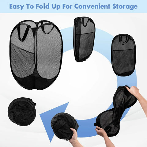 Pop Up Laundry Hamper 70L Collapsible Mesh Bin with side pocket and reinforced handles showing folding process