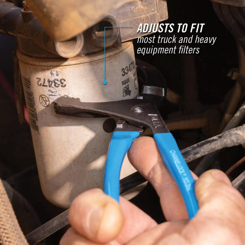 Oil Filter And PVC Plier 209 With Adjustable Four Position Grip Nine Inch gripping a truck oil filter.
