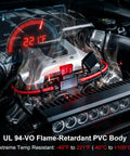 Heavy Duty 10 AWG Inline Fuse Holder 4 Pack 12 Volt Blade Type ATC APC mounted in vehicle engine with digital gauge readout.