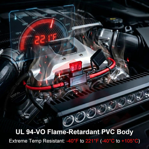 Heavy Duty 10 AWG Inline Fuse Holder 4 Pack 12 Volt Blade Type ATC APC mounted in vehicle engine with digital gauge readout.
