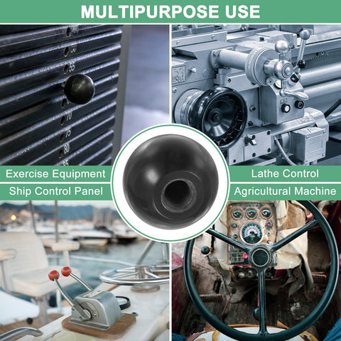 4 Pack Threaded Ball Knobs M12 Female Thread 40mm Diameter Thermoset Ball Knob for Lathe Machine and Lawn Mowers shown in use on machinery.