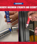 Applying medium strength thread locker GH1200 to secure metal fasteners with precision nozzle for stable performance.