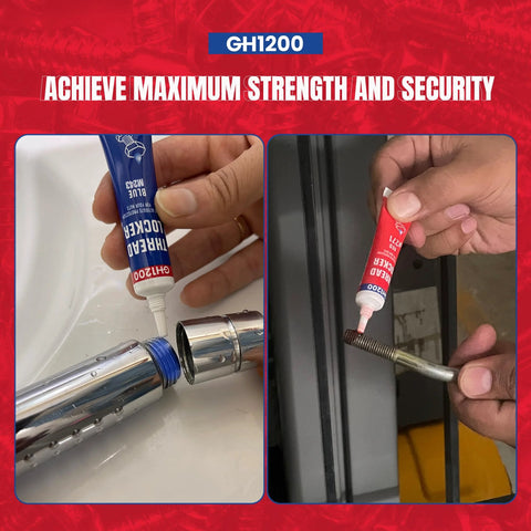 Applying medium strength thread locker GH1200 to secure metal fasteners with precision nozzle for stable performance.