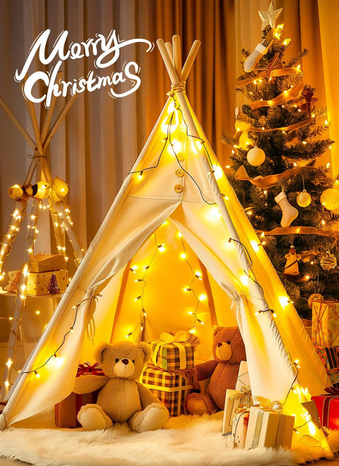 Cozy room with teepee tent decorated with Clear Christmas String Lights 50 Count 10 Feet Incandescent Mini Bulbs.