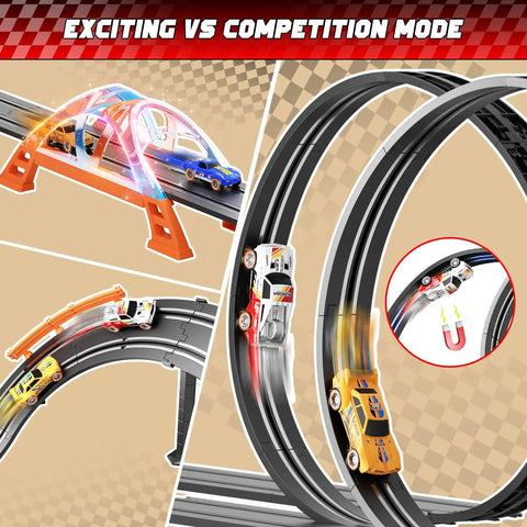 Epic Slot Car Race Track Set for Kids with 29 Foot Electric Track featuring dual racing loops and LED overpass in action.
