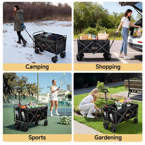 Heavy Duty Collapsible Wagon With Tailgate And Brake 600 Lbs Capacity All Terrain Beach Cart for Camping, Shopping, Sports, Gardening