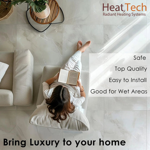Woman reading on heated floor with Cozy Up Your Floors With This 10 Sq Ft Heated Floor Mat Kit 120V Electric Radiant Floor Heating System.