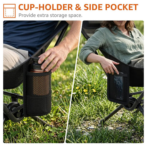 Armless Rocking Camping Chair With Spring Action Tech, Portable Folding Outdoor Rocker with cup-holder and side pocket