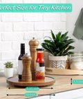 10 Inch Acacia Wood Lazy Susan Turntable Organizer For Cabinet Round Serving Tray Decorative Vintage Centerpiece Candle Holder Tray Your Go To Farmhouse Style Kitchen Countertop And Coffee Table Decor with condiments on kitchen counter