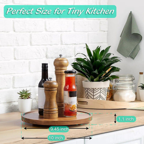 10 Inch Acacia Wood Lazy Susan Turntable Organizer For Cabinet Round Serving Tray Decorative Vintage Centerpiece Candle Holder Tray Your Go To Farmhouse Style Kitchen Countertop And Coffee Table Decor with condiments on kitchen counter
