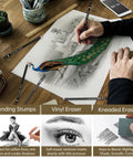 Artist using 24 Piece Pro Sketching Pencil Kit For Drawing With Graphite Pencils 12B To 4H, Charcoal Pencils For Art on peacock artwork