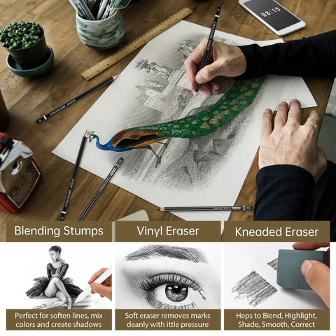 Artist using 24 Piece Pro Sketching Pencil Kit For Drawing With Graphite Pencils 12B To 4H, Charcoal Pencils For Art on peacock artwork