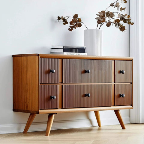 Mid-century dresser with 10 Pack Black Cabinet Knobs And Bun Drawer Pulls For Kitchen Cabinets And Dressers, Solid Cast Iron 3.75 Inch Cupboard Handles.