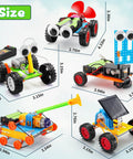 Five In One Hands On Robot STEM Kit Set For Kids Ages 8 To 12 Including Solar Powered Car Wind Powered Car Obstacle Avoidance Robot Tank And Wire Controlled Car For Awesome Real World STEM Fun, five detailed robot kit designs with measurements.