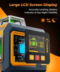 Green Laser Level With Three 360 Degree Coverage, Twelve Line Self Leveling, Bluetooth App Remote, Pulse Mode For Receiver, Accurate To One Eighth Inch At Thirty Three Feet, Dual Li Ion Batteries USB C, One Quarter Inch Mount, IP54 Case LCD screen with leveling indicators and battery display