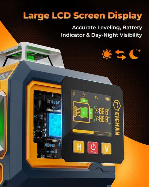 Green Laser Level With Three 360 Degree Coverage, Twelve Line Self Leveling, Bluetooth App Remote, Pulse Mode For Receiver, Accurate To One Eighth Inch At Thirty Three Feet, Dual Li Ion Batteries USB C, One Quarter Inch Mount, IP54 Case LCD screen with leveling indicators and battery display