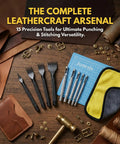 Leather Stitching And Hole Punch Set For DIY Leatherwork With Pro Grade High Carbon Steel Chisels And Hollow Punches, Includes 4mm Spaced Prongs 1/2/4/6 And 1.5mm To 5mm Punches, Plus Cutting Mats, Cleaning Cloth, And Storage Box on wooden table