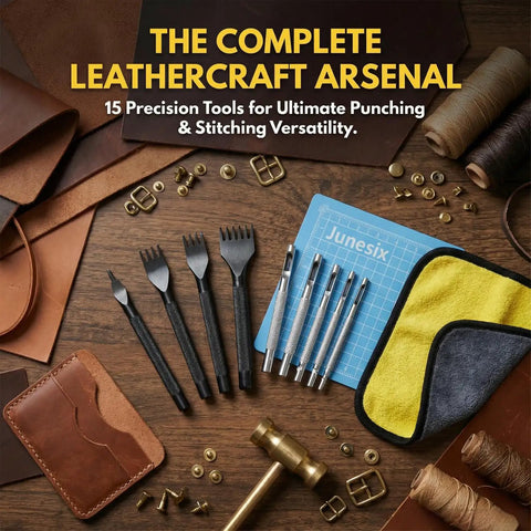 Leather Stitching And Hole Punch Set For DIY Leatherwork With Pro Grade High Carbon Steel Chisels And Hollow Punches, Includes 4mm Spaced Prongs 1/2/4/6 And 1.5mm To 5mm Punches, Plus Cutting Mats, Cleaning Cloth, And Storage Box on wooden table