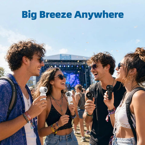 Group enjoying outdoor event with Go-To Ultra Portable Personal Mini Fan With Lanyard USB Rechargeable 100 Speed Turbo Cooling Pocket Size