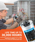 Technician holding UL Certified Dual Round Run Capacitor 45/5 MFD 370V Or 440V 50/60 Hz CBB65 for AC motors and condensers.