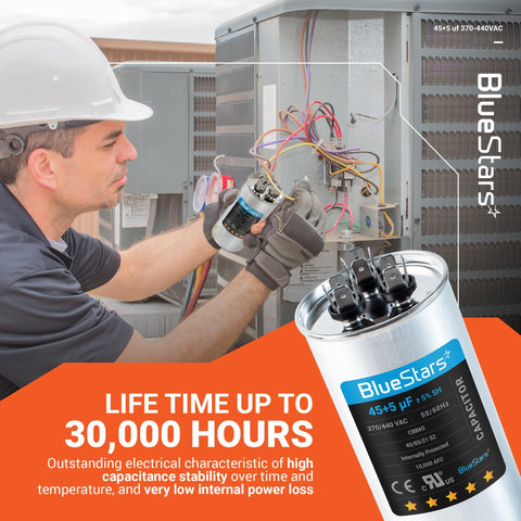 Technician holding UL Certified Dual Round Run Capacitor 45/5 MFD 370V Or 440V 50/60 Hz CBB65 for AC motors and condensers.