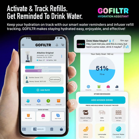 Smartphone displaying hydration tracking app for Alkaline Water Infuser For Any Bottle Or Small Pitcher With 9.5 pH And Electrolytes