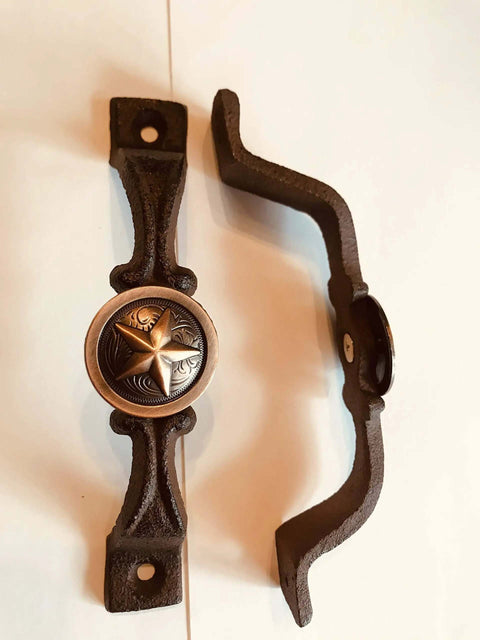 Rustic Cast Iron Western Star Concho Door Handle And Drawer Pull Set In Antique Copper 2 Pack Pre Drilled Holes hardware