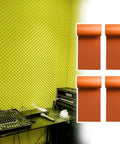Orange High-Density Acoustic Foam Panels with Self Adhesive Peel and Stick to Banish Echo for Studio Vibes on a studio wall.