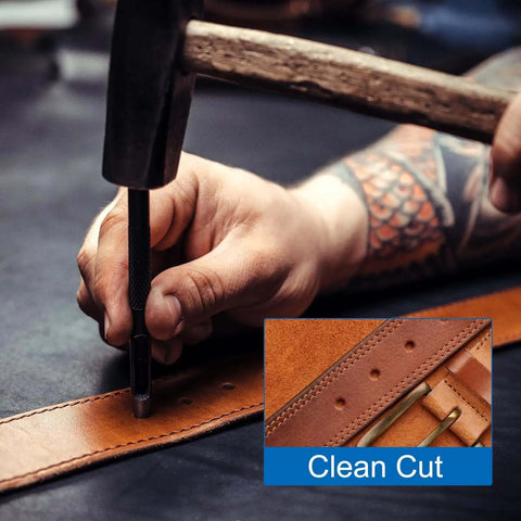 Leather Round Hole Punch 27mm Hollow Punch Cutter used on belt with hammer, made from high carbon steel for precise clean cuts in leathercraft.