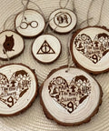 Wood Slices 30 Pcs Predrilled Round Discs 3.5-4 Inches Unfinished Rustic Craft Kit With Bark For DIY Projects, Home Decor And Christmas Ornaments featuring engraved designs and symbols, laid on a woven surface.