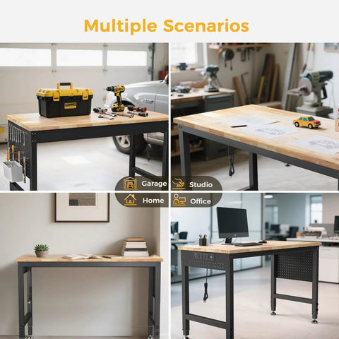Rock Solid Heavy Duty Adjustable Workbench With 47.64 Inch Surface, 2000 Lb Load Capacity, Rubber Wood Top, Pegboard, And Built In Power Outlets For Garage, Shop, Office Or Home Projects