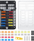 12V Marine Fuse Block With Waterproof Housing and LED Indicator, includes 30 fuses from 5A to 25A, visible with accessories.