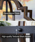 Detail of Six Light Rustic Farmhouse Chandelier With Walnut Wood Grain Metal Finish And Textured Black Accents, close-up view.