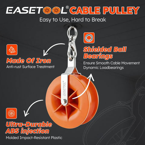 Two Pack Heavy Duty Cable Pulley Featuring A 360 Degree Swivel Ring And Anti Friction Bearing For Smooth As Butter Operation With Rust Resistant Bracket Chamfered Edges Protect Your Lines During Everyday Rigging Tasks, showcasing iron and plastic components.