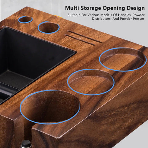 Top Shelf Natural Walnut Espresso Knock Box And Tamp Station, Removable Stainless Steel Grounds Holder, Eight In One Compact Organizer For 58mm Baskets, No Sweat Cleanup For Your Daily Grind Setup, multi storage openings.