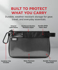 Small Black Electronics And Camera Accessories Bag With TPU Water Resistant Layer featuring carabiner and durable mesh front.