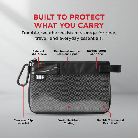 Small Black Electronics And Camera Accessories Bag With TPU Water Resistant Layer featuring carabiner and durable mesh front.