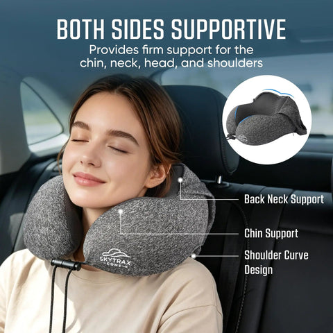 Woman using Big Hooded Travel Pillow With Memory Foam For Long Flights And Road Trips, Privacy Shield, Super Snug Neck Support