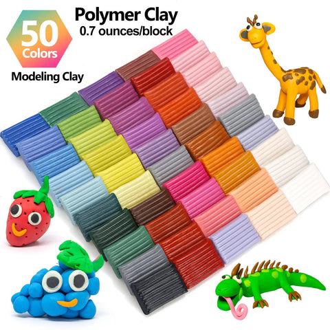 Ultimate Polymer Clay Starter Kit With 50 Vibrant Colors, Oven Bake Modeling Clay, animal and fruit clay models next to assorted colors