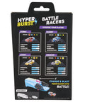 Packaging for Battle Racers Green Storm Micro Scale Car With Launcher, showing racer options and specifications.