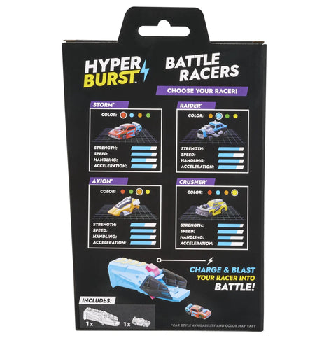 Packaging for Battle Racers Green Storm Micro Scale Car With Launcher, showing racer options and specifications.