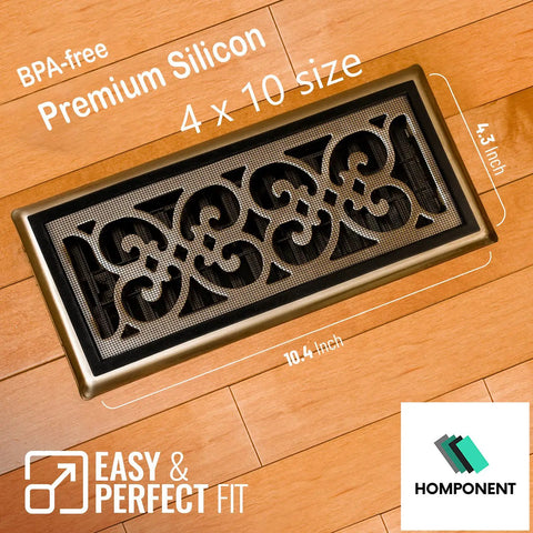 Magnetic Floor Vent Screen Mesh 4x10 2 Pack Easy Snap In Bug Filter with decorative black mesh on wood flooring.