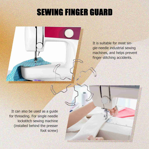 Six Pack Sewing Machine Finger Guards For Hand Protection Universal Fit For Most Industrial Single Needle Sewing Machines Prevent Needle Injuries And Make Stitching Safe Easy To Attach And Reusable shown installed on a sewing machine.