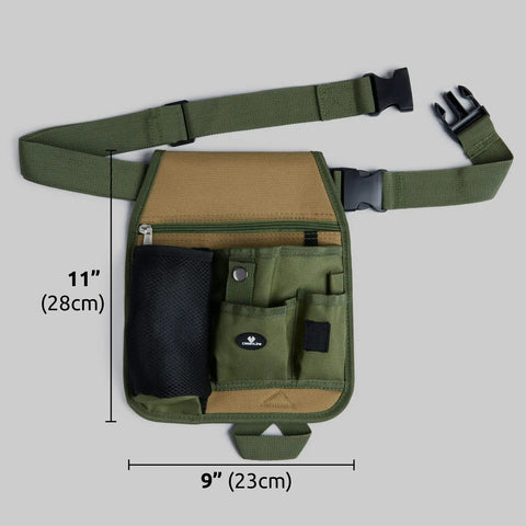 All In One Garden Tool Pouch Belt With Grab And Go Multi Pocket Utility Apron, green canvas, adjustable waist, front view