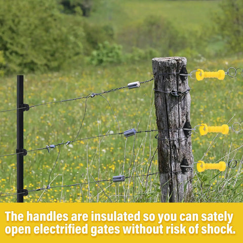 Two Sets Electric Fence Gate Handle Kit With Anchors And Insulators Including Two Yellow Handles With Spring, Four Black Insulators, And Four Anchors With Screws For Fast, Durable Outdoor Fence Installations on wooden post