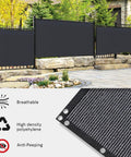 Privacy Screen Fence Netting 8 Feet By 50 Feet Black Heavy Duty Mesh Shade Cover installed on outdoor fence with close-up detail.
