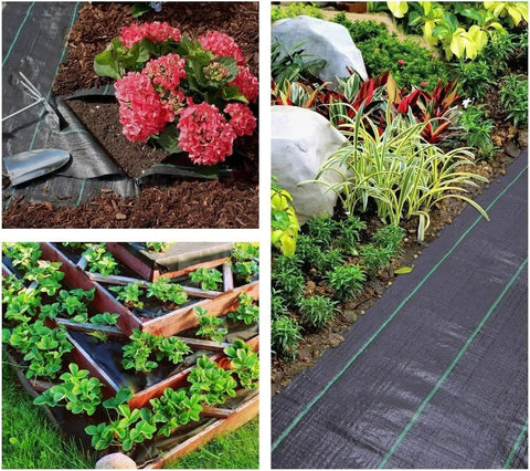 Heavy Duty Weed Barrier Landscape Fabric 3.2 Oz Ground Cover 1.4 Ft By 50 Ft installed in a flower and vegetable garden.