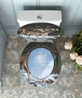 Toilet Seat Round Resin for Bathroom featuring a unique wolf design, top view of bathroom decor with flowers.