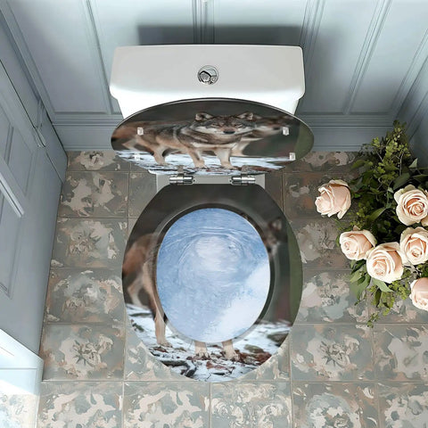 Toilet Seat Round Resin for Bathroom featuring a unique wolf design, top view of bathroom decor with flowers.